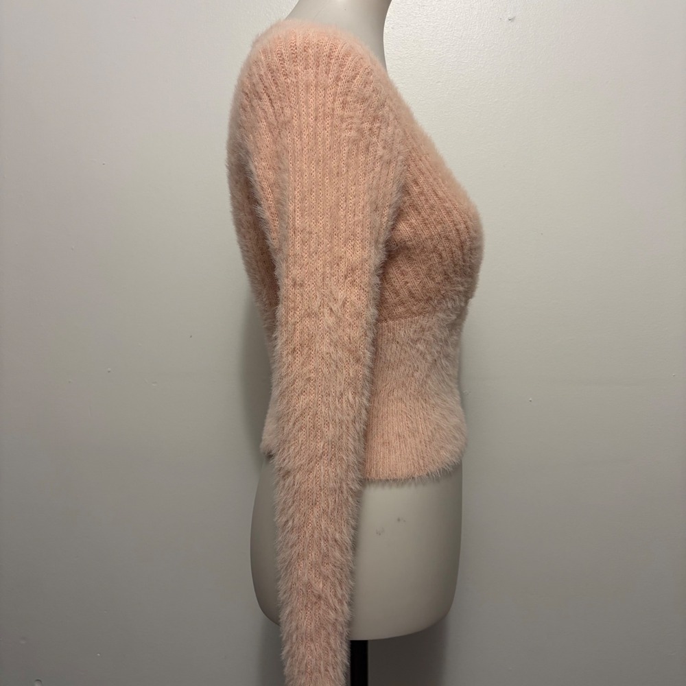 Becool Fuzzy Eyelash Knit Cropped Sweater S/M Peach Pink Surplice V-Neck - Picture 3 of 8